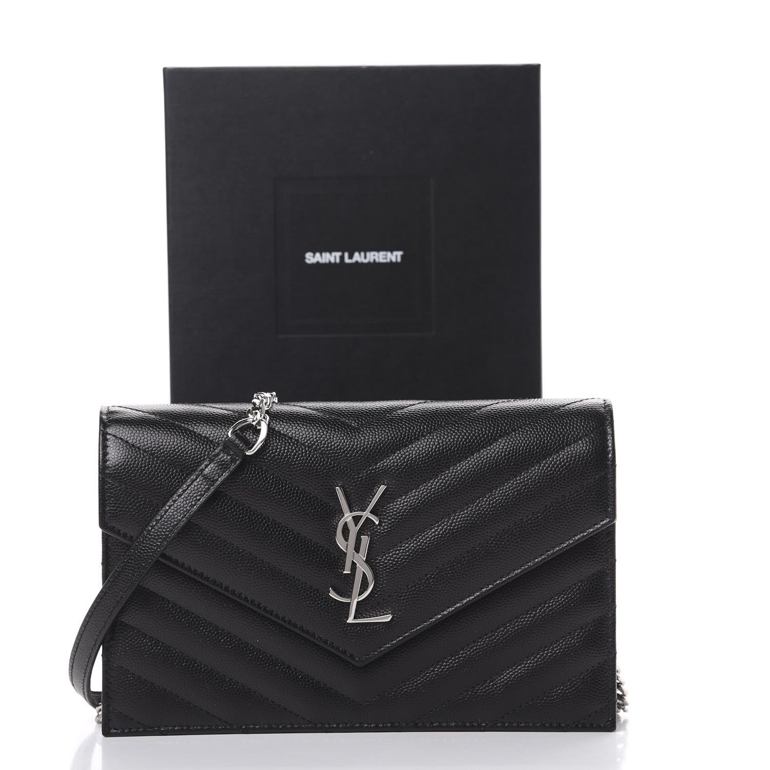 Saint Laurent Grain De Poudre Matelasse Chevron Monogram Envelope Chain Wallet Black 10 of 10