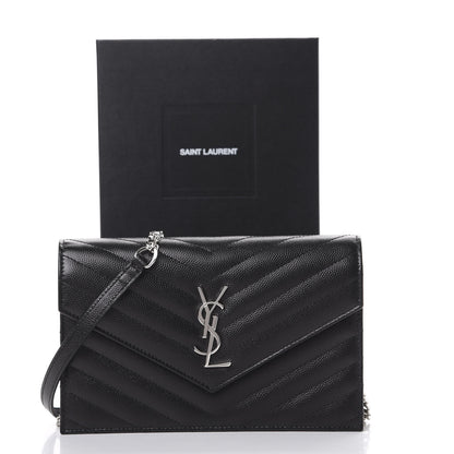 Saint Laurent Grain De Poudre Matelasse Chevron Monogram Envelope Chain Wallet Black 10 of 10