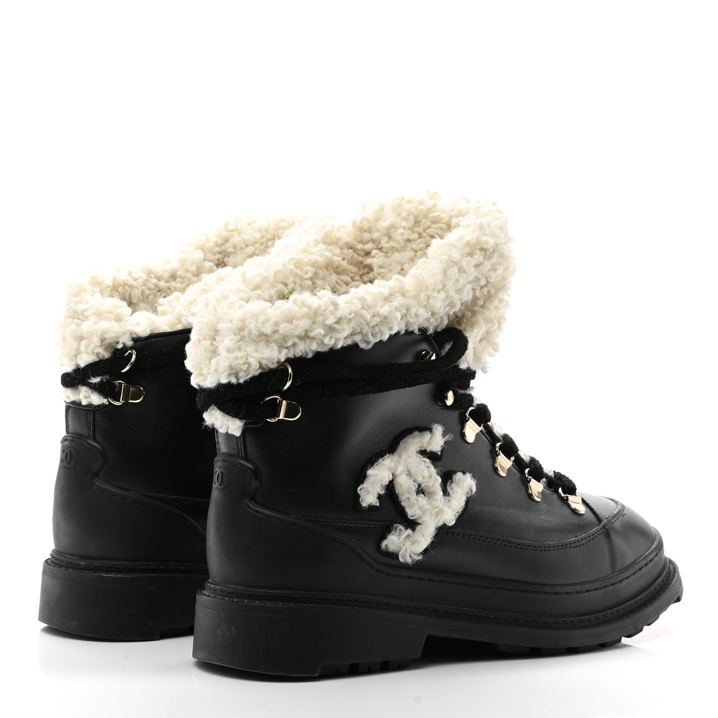 Calfskin Shearling CC Lace Up Boots 38 Black