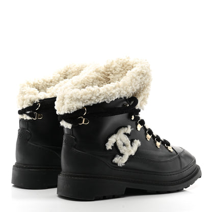 Chanel Calfskin Shearling CC Lace Up Boots 38 Black 4 of 11
