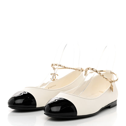 Chanel Lambskin Patent Calfskin Cap Toe Ankle Chain Ballerina Flats 37 White Black 3 of 9