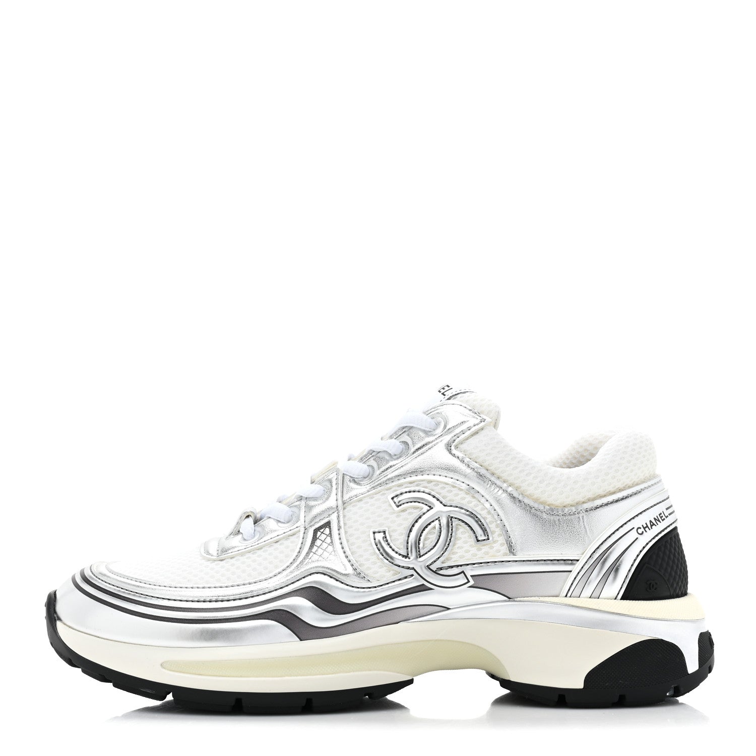 Chanel Fabric Laminated Calfskin Stretch CC Sneakers 39 White Silver 1 of 20