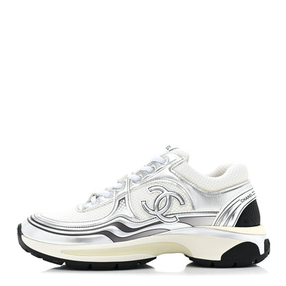 Chanel Fabric Laminated Calfskin Stretch CC Sneakers 39 White Silver 1 of 20