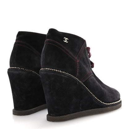 Chanel Suede Lace Up Wedge Booties 37 Dark Blue 5 of 8