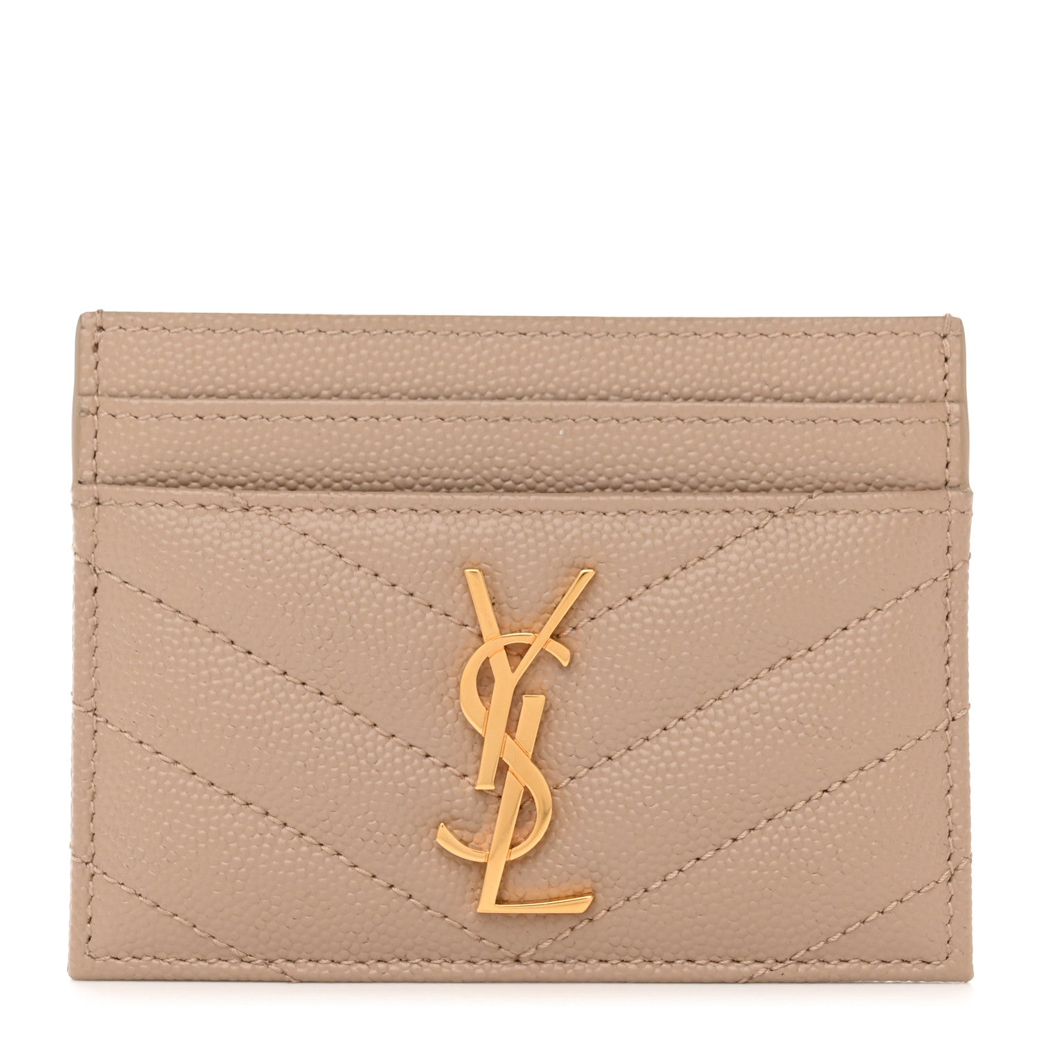 Saint Laurent Grain De Poudre Matelasse Chevron Monogram Credit Card Case Dark Beige 1 of 7