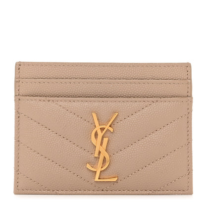 Saint Laurent Grain De Poudre Matelasse Chevron Monogram Credit Card Case Dark Beige 1 of 7