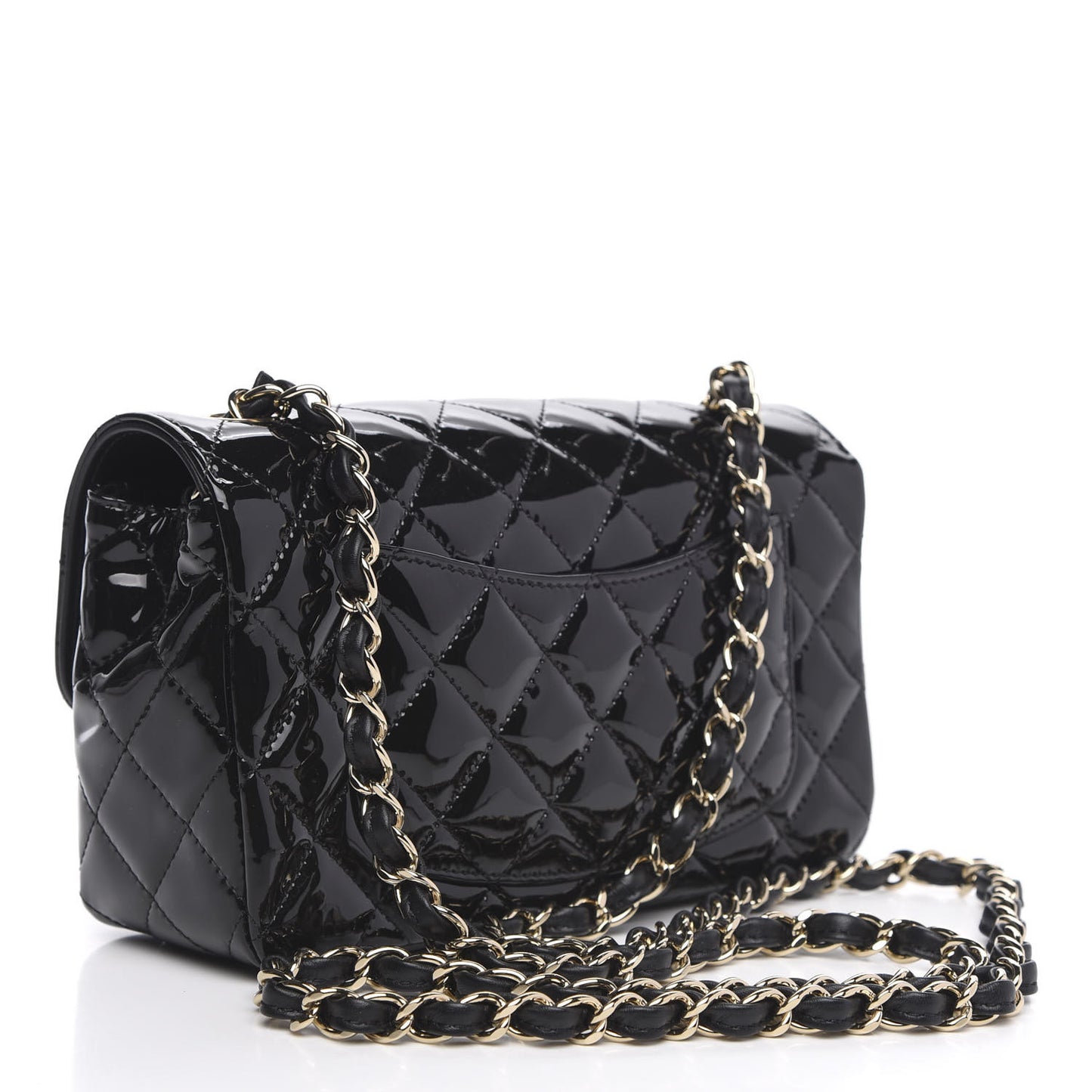 Patent Calfskin Quilted Mini Rectangular Flap Black