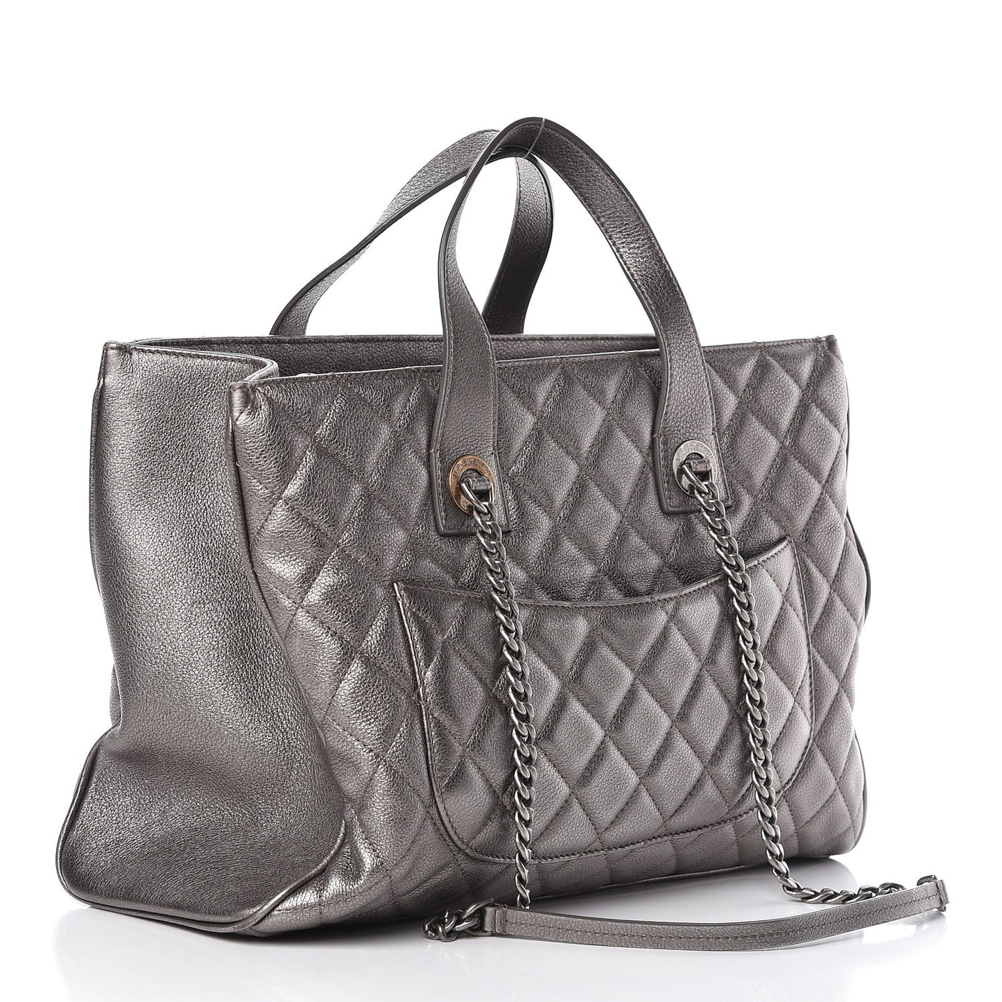 Metallic Grained Calfskin Quilted Large Casual Pocket Tote Silver