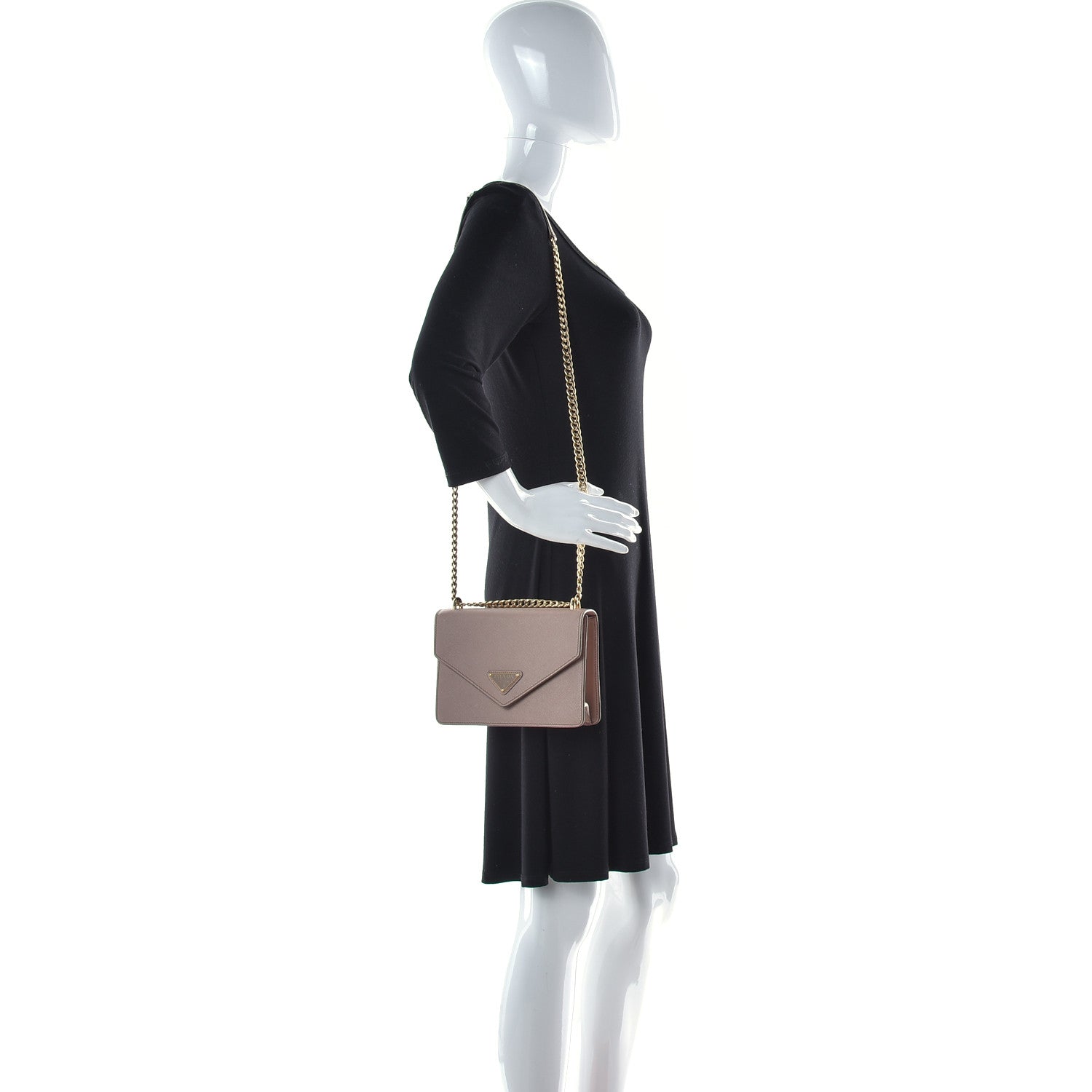 Prada Saffiano Soft Calfskin Metal Triangle Logo Envelope Chain Shoulder Bag Cammeo 2 of 10