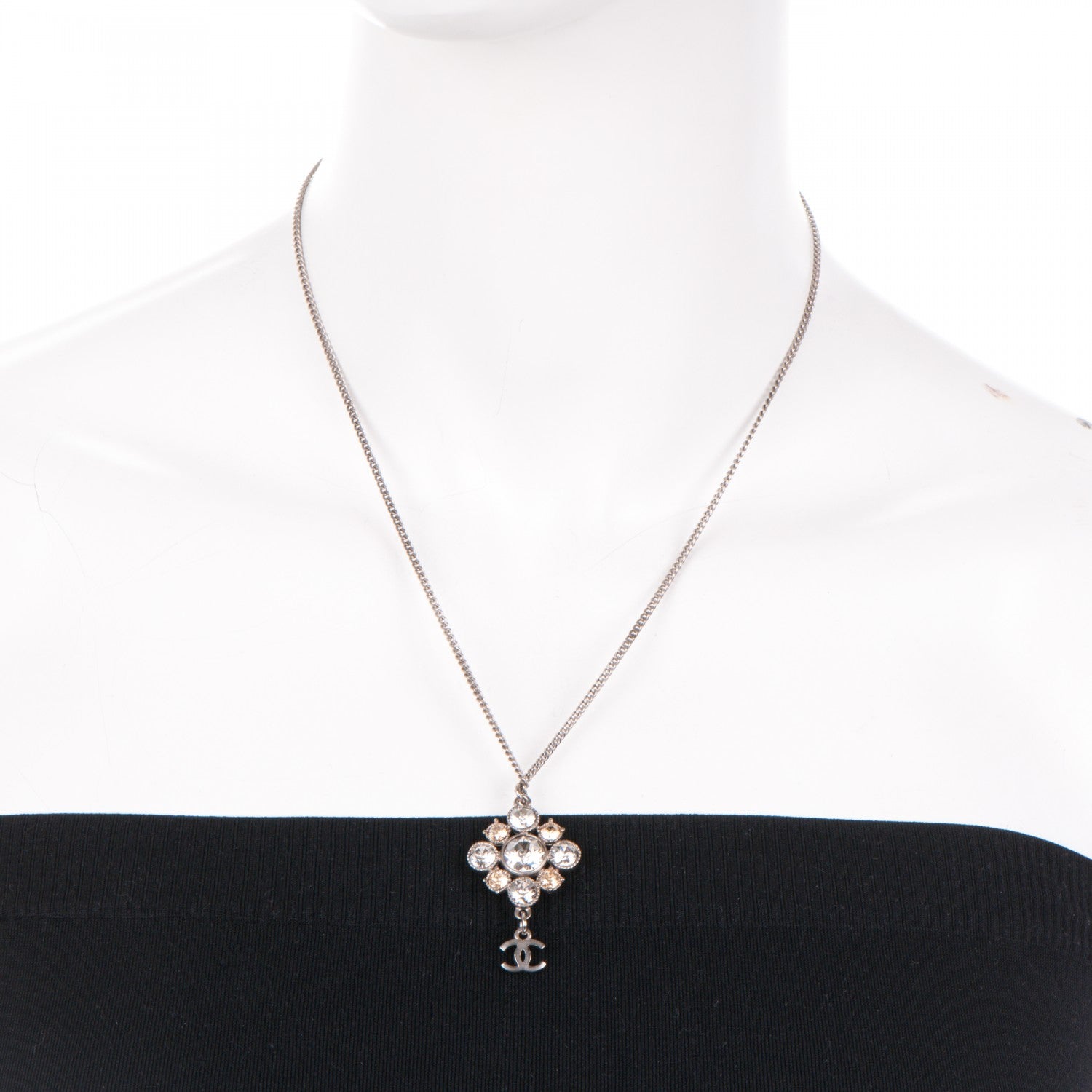 Chanel Crystal CC Pendant Necklace Silver 2 of 3