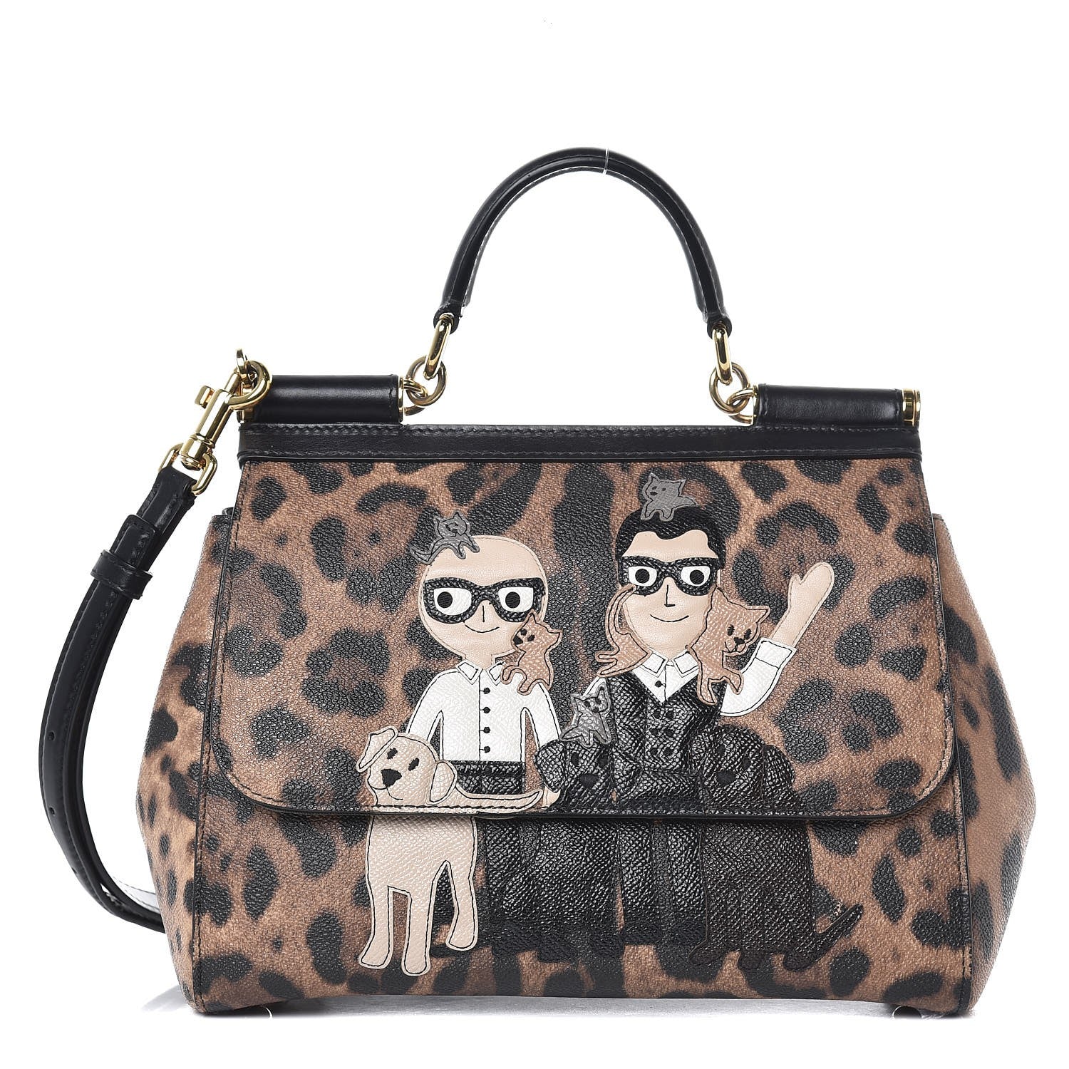 Dolce & Gabbana Dauphine Leopard Print Medium DG Family Patch Miss Sicily Satchel Black 1 of 11