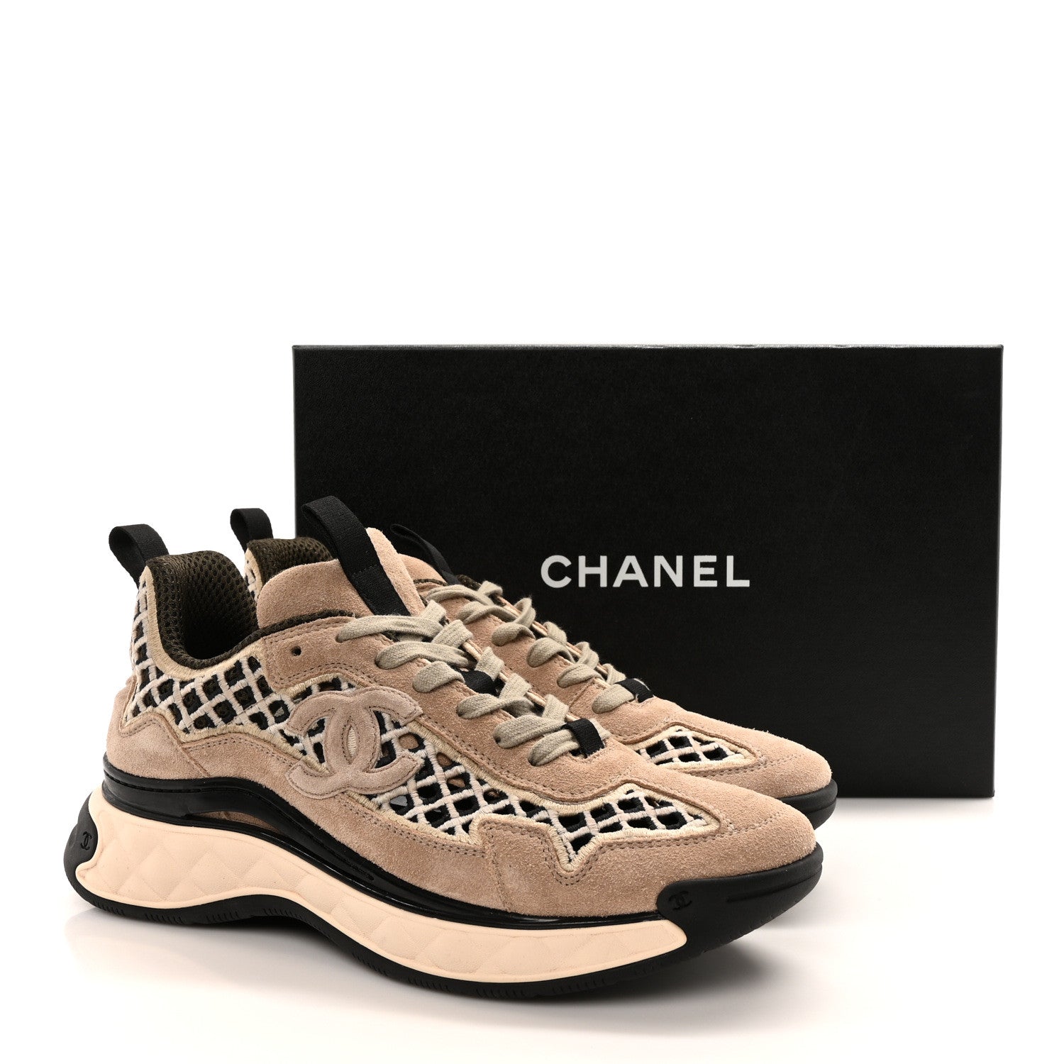 Chanel Suede Calfskin Embroidered CC Sneakers 40 Beige Black 10 of 10