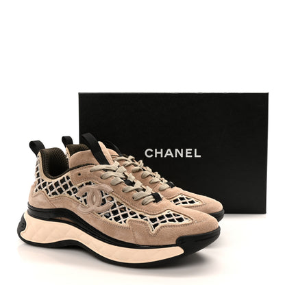 Chanel Suede Calfskin Embroidered CC Sneakers 40 Beige Black 10 of 10