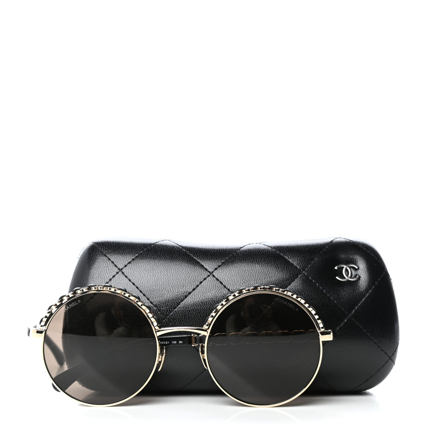 Metal Calfskin Round Chain Sunglasses 4265-Q Black