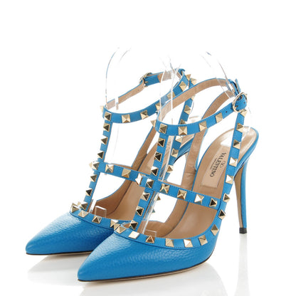 Valentino Garavani Pebbled Calfskin Rockstud Ankle Strap Pumps 36 Light Blue 3 of 10