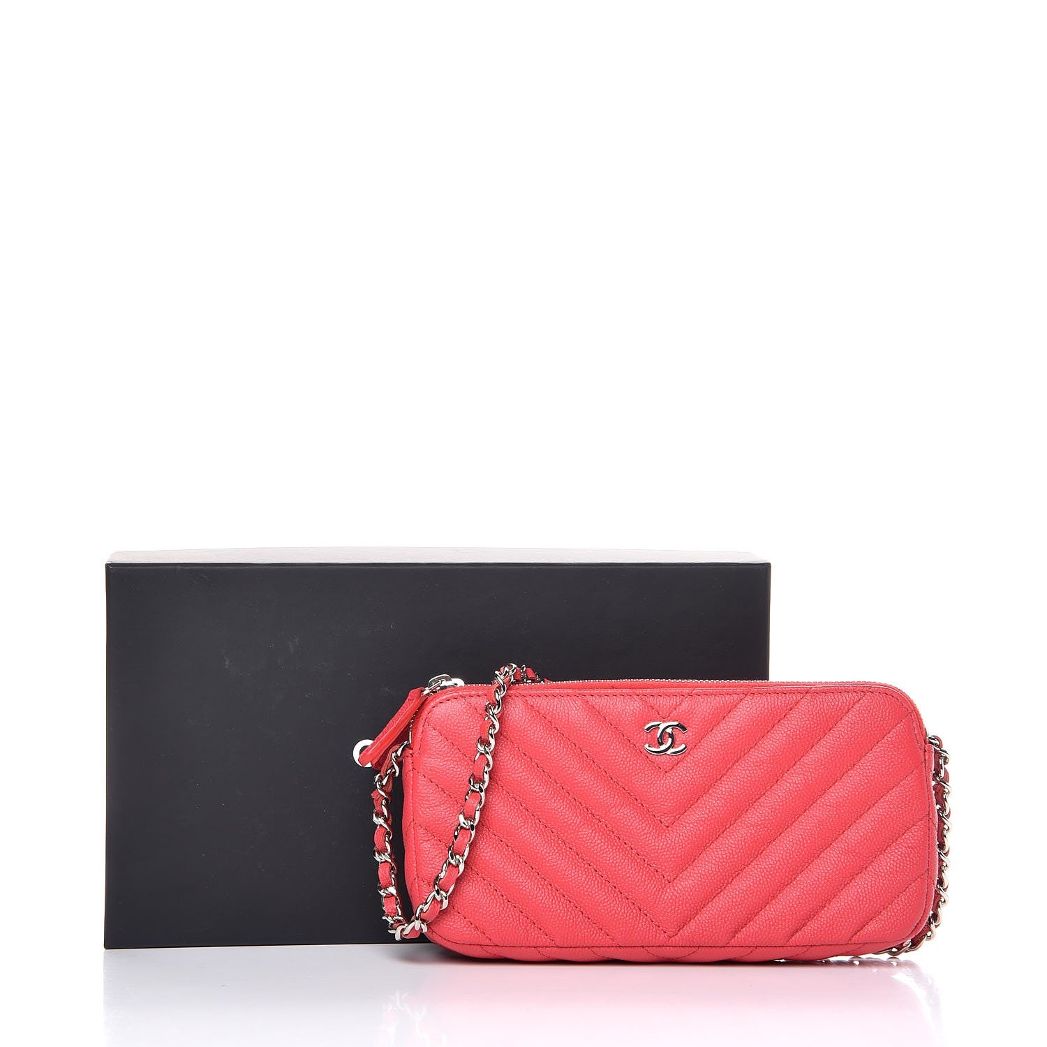Chanel Caviar Chevron Quilted Small Clutch With Chain Light Red 12 of 12