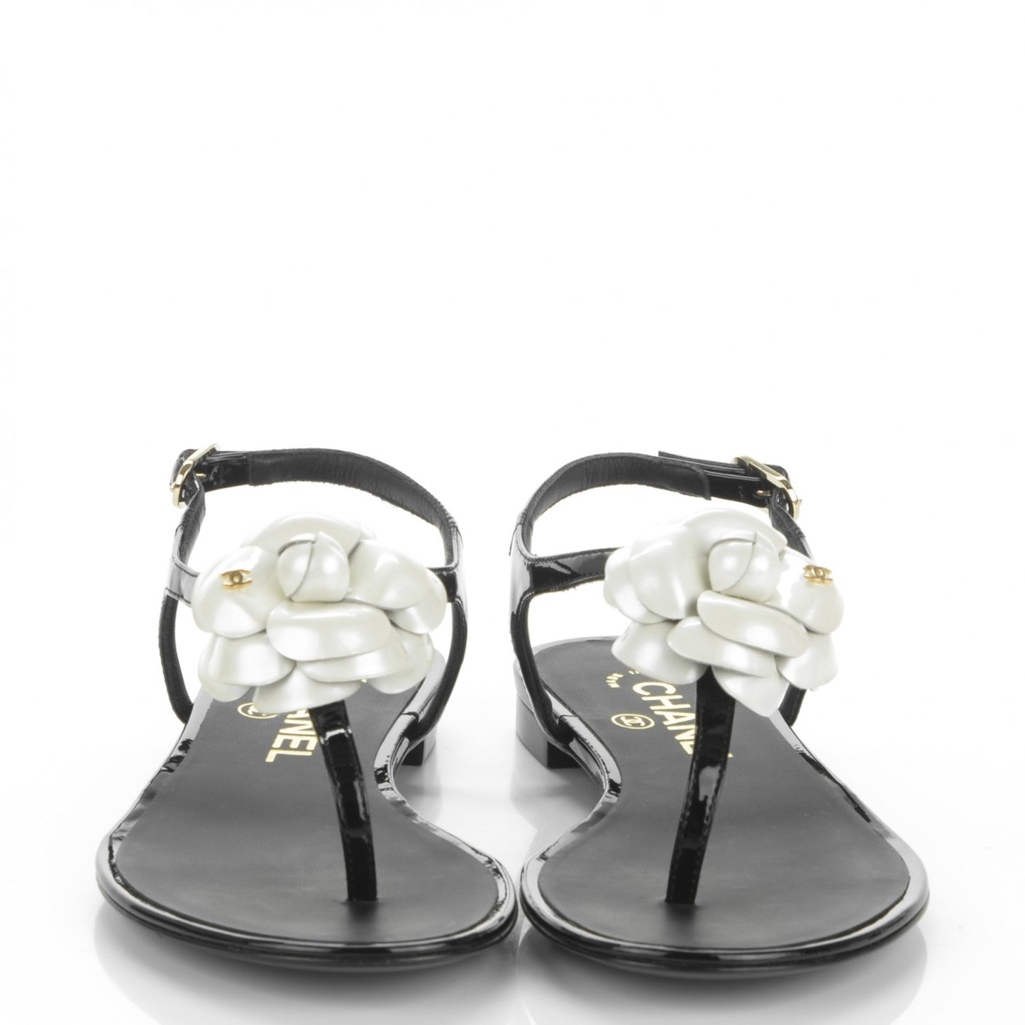 Patent Calfskin Camellia Thong Sandals 35 Black White