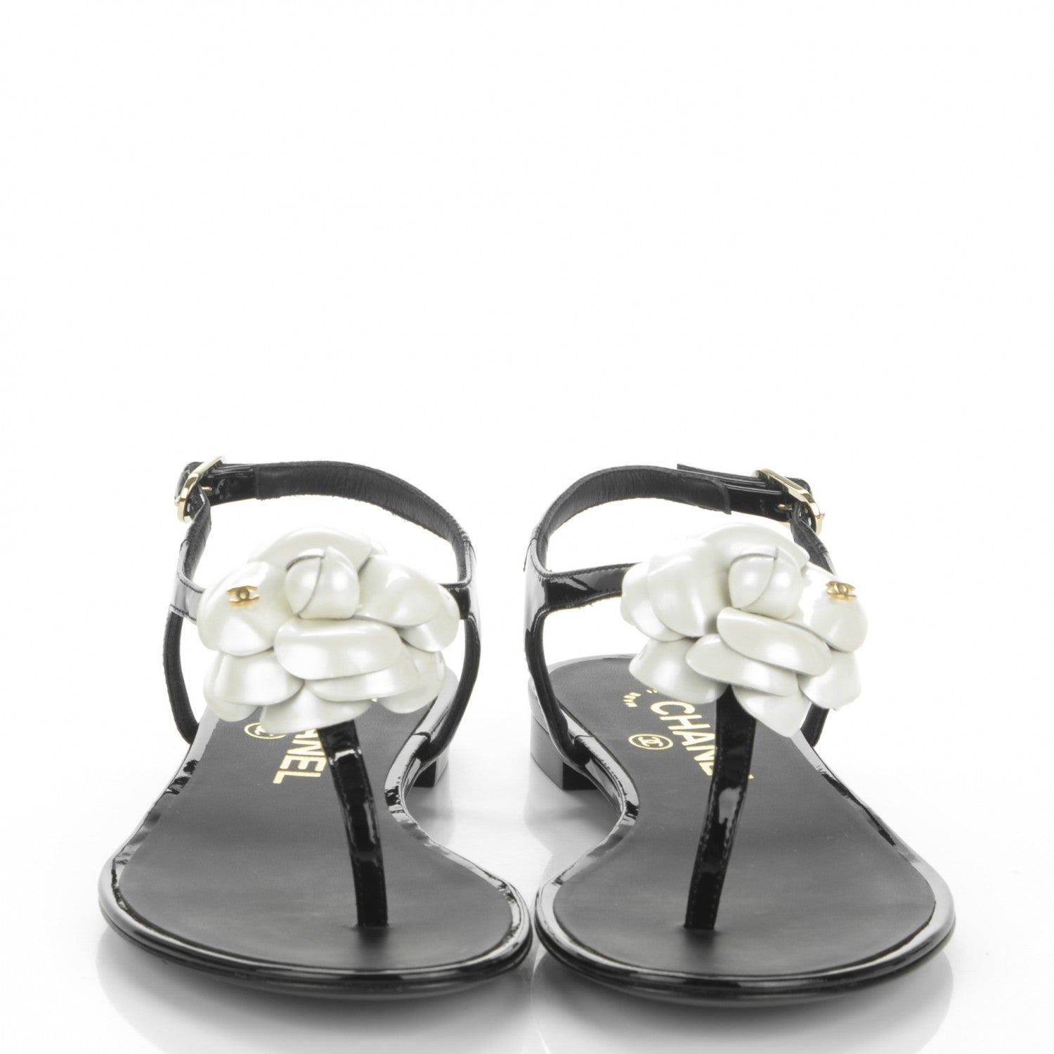 Chanel Patent Calfskin Camellia Thong Sandals 35 Black White 2 of 7