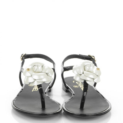 Chanel Patent Calfskin Camellia Thong Sandals 35 Black White 2 of 7