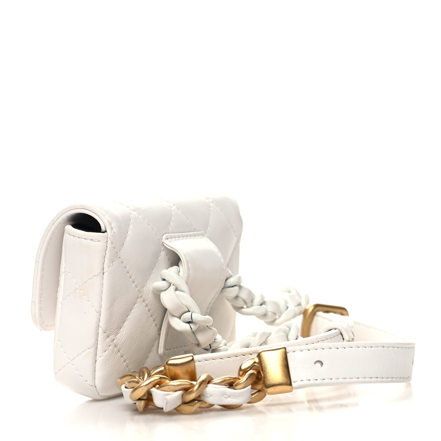 Lambskin Lacquered Metal Quilted Flap Chain Belt Bag White