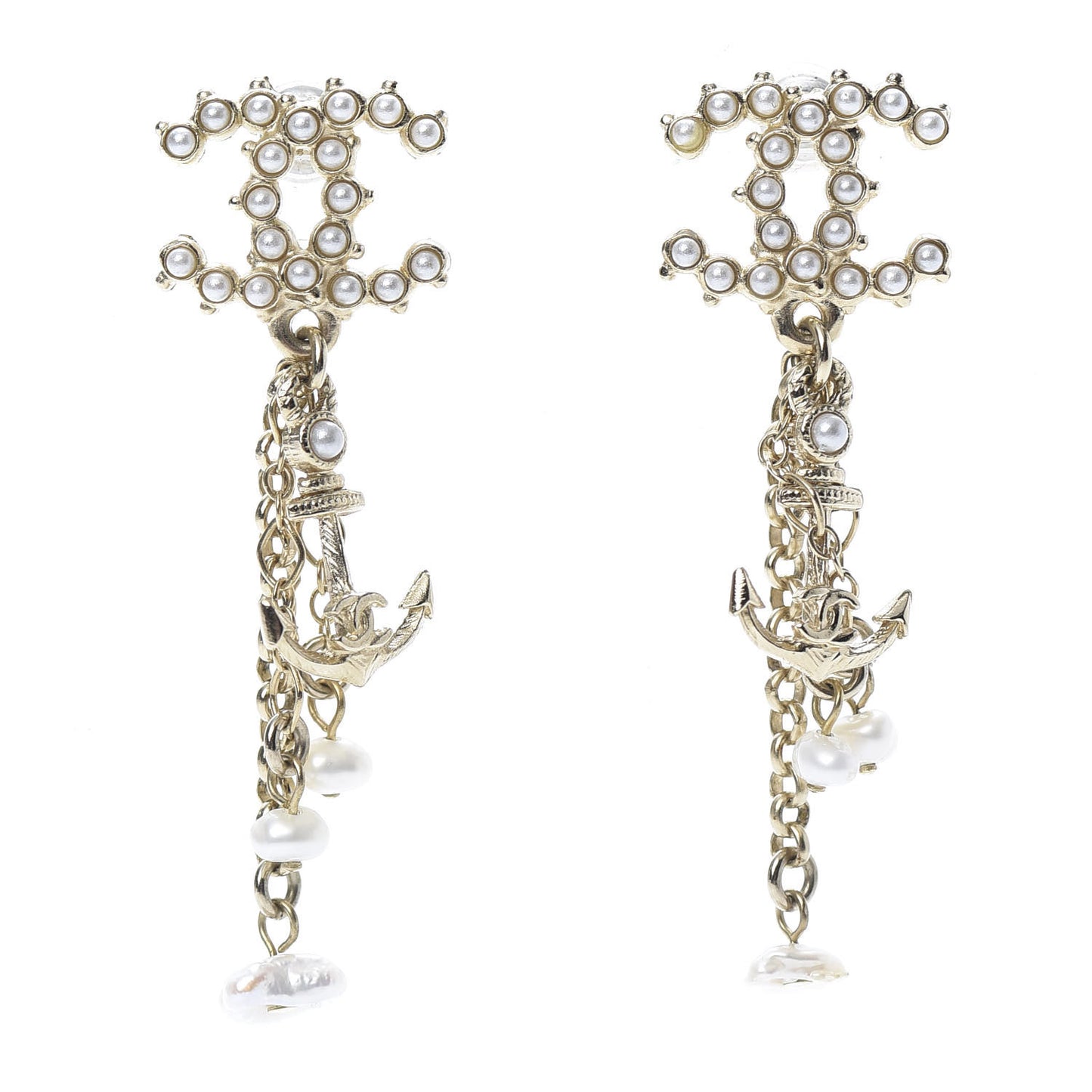 Pearl Chain CC Anchor Drop Earrings Pearly White Gold