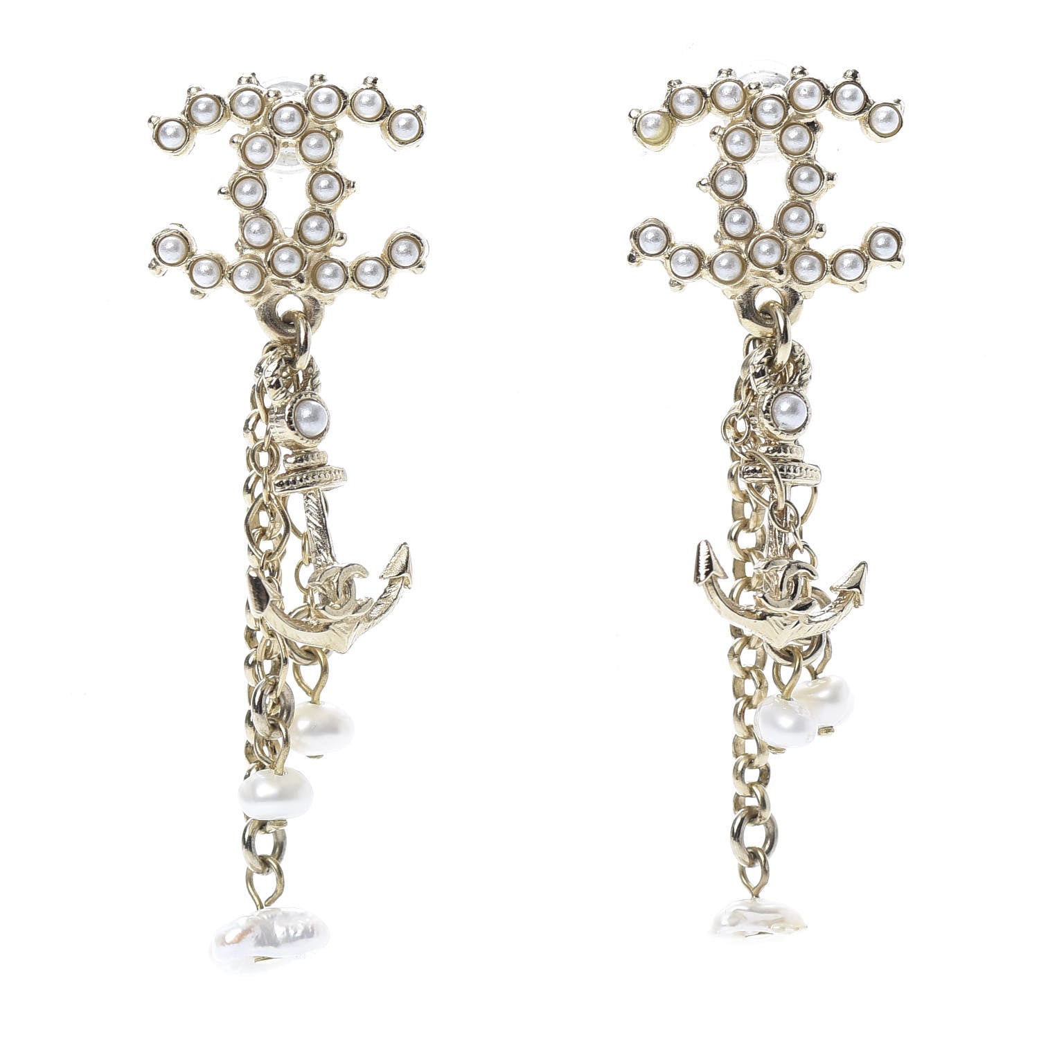 Chanel Pearl Chain CC Anchor Drop Earrings Pearly White Gold 1 of 4