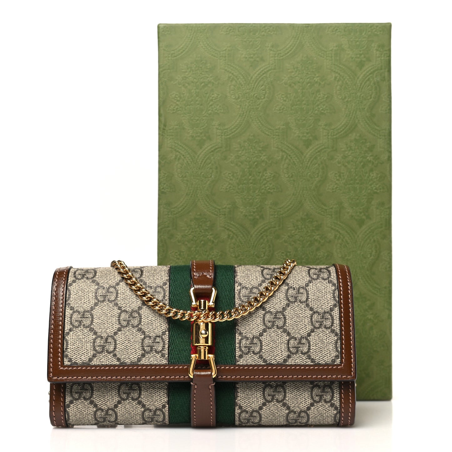 GG Supreme Monogram Azalea Calfskin Web Jackie 1961 Chain Wallet Beige Ebony Brown Sugar