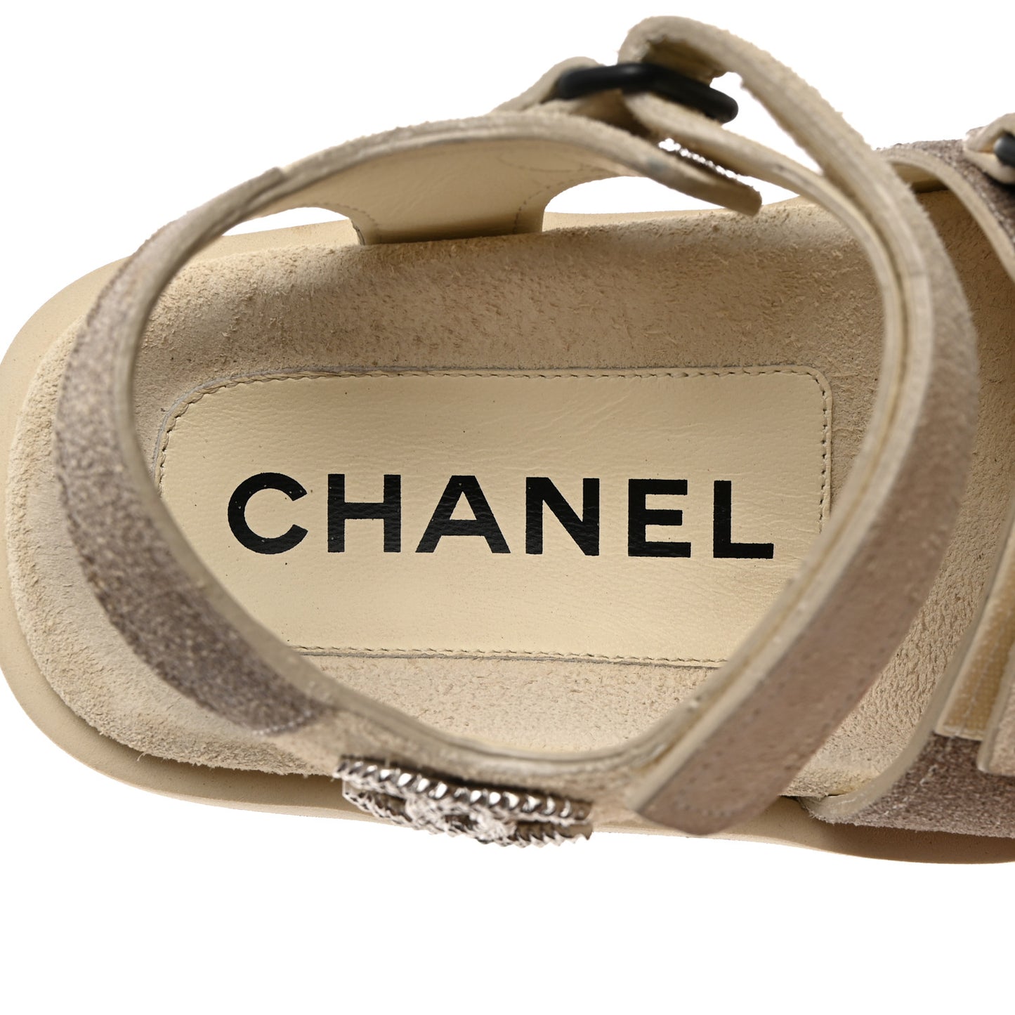 Suede Calfskin Velcro Flat Sandals 35 Ecru Dark Beige