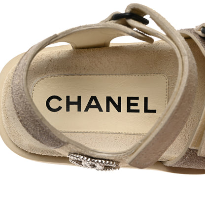 Chanel Suede Calfskin Velcro Flat Sandals 35 Ecru Dark Beige 6 of 9
