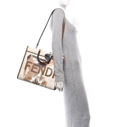 Fendi Glazed Fabric Plexiglass FF Logo Bikini Girls Medium Fendi Sunshine Shopper Tote Bianco Perla Multicolor Miele Scuro 2 of 10