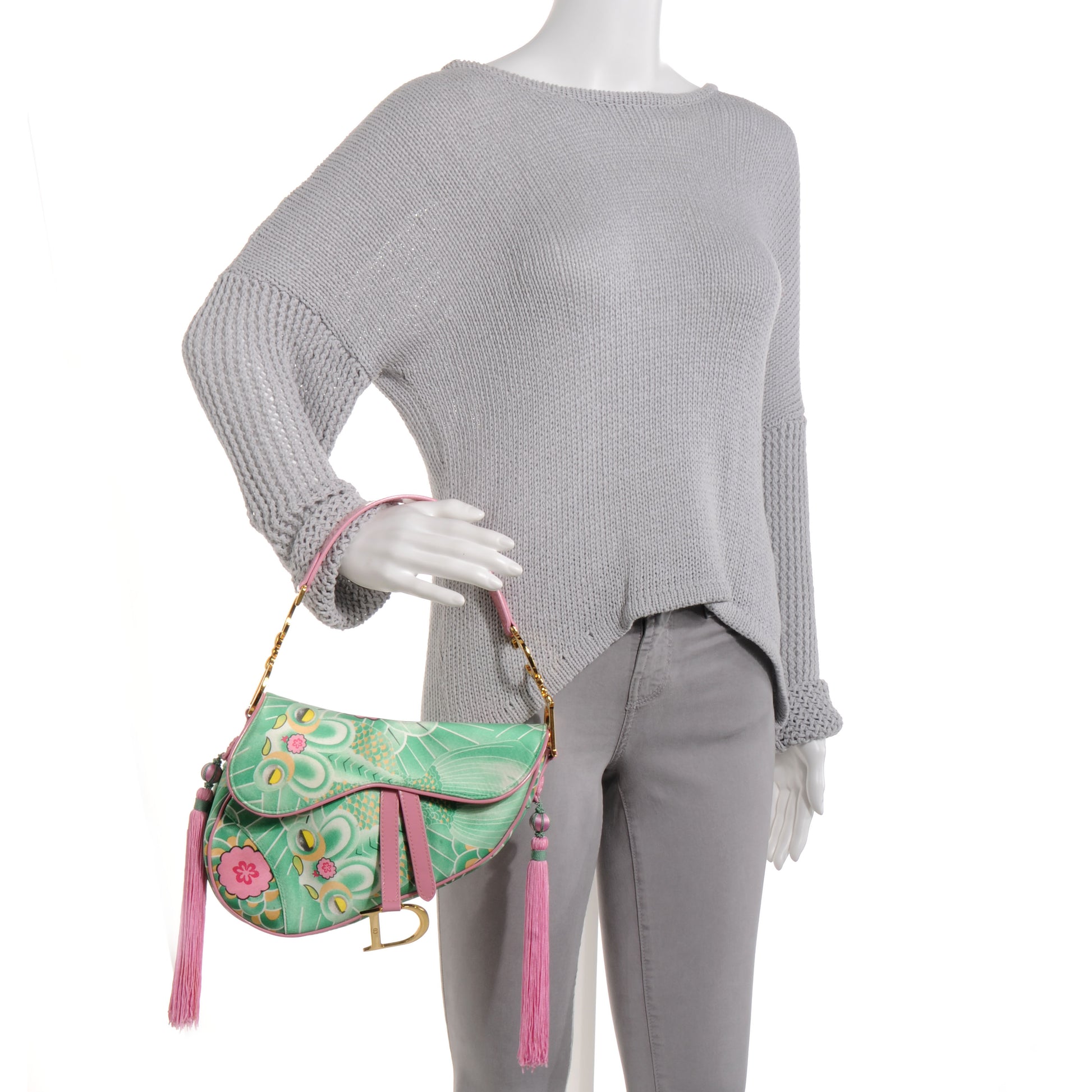 Christian Dior Satin Tassel Koi Saddle Bag Green Pink 2 of 7