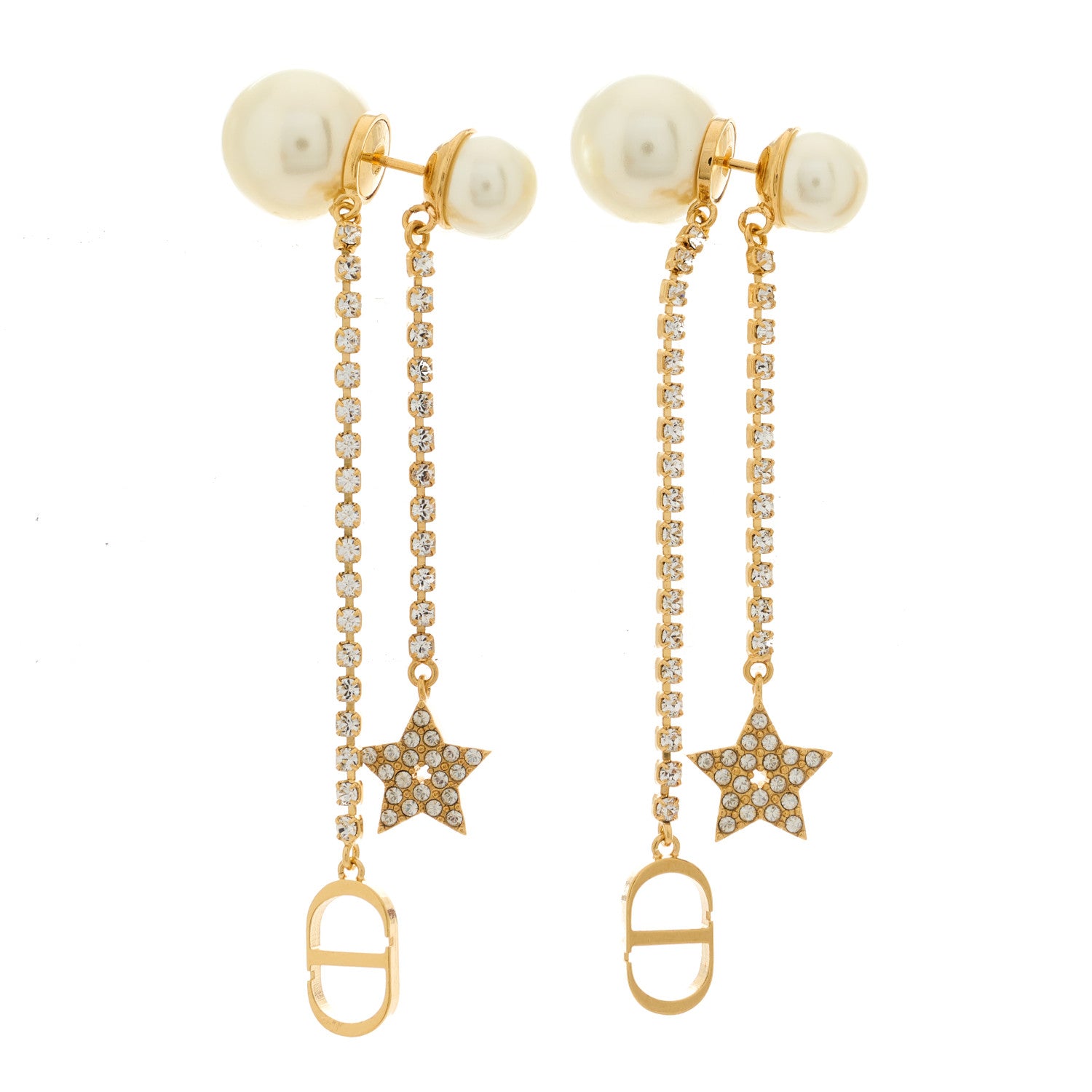 Christian Dior Pearl Crystal Star Tribale Dangle Chain Earrings Gold 1 of 4