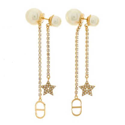 Christian Dior Pearl Crystal Star Tribale Dangle Chain Earrings Gold 1 of 4