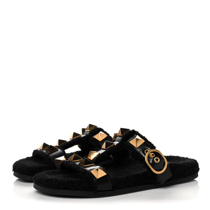 Valentino Garavani Shearling Roman Stud Slide Sandals 39 Black 3 of 7