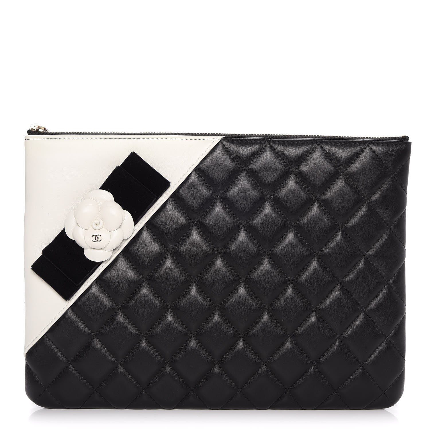 Chanel Lambskin Quilted Medium Camellia Cosmetic Case Black White 1 of 8