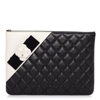 Chanel Lambskin Quilted Medium Camellia Cosmetic Case Black White 1 of 8