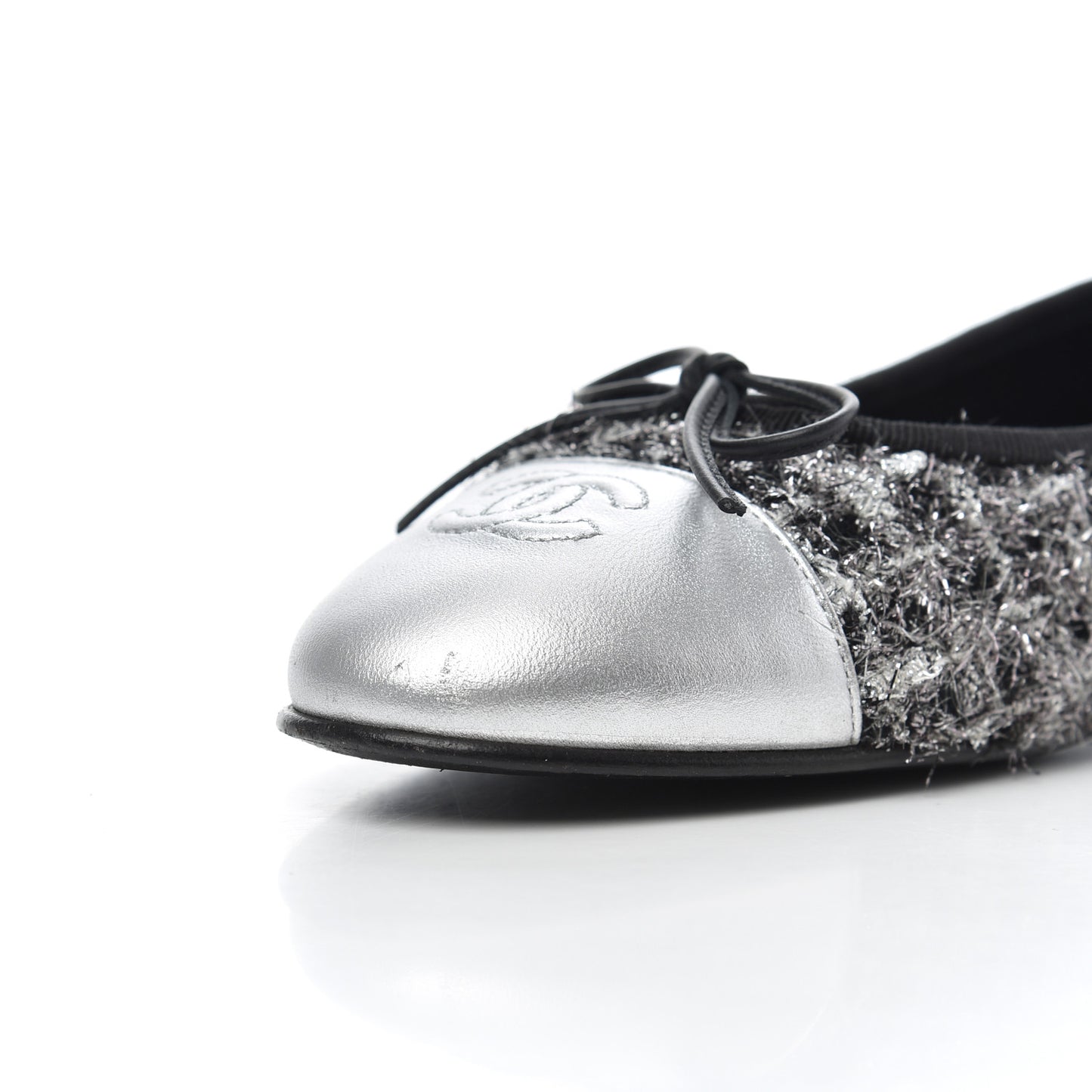 Metallic Tweed Lambskin Cap Toe Ballerina Flats 41 Black Silver