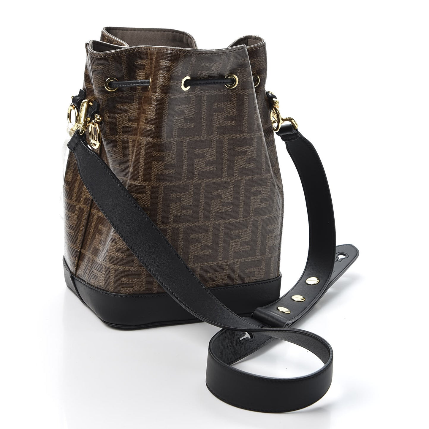 Glazed Fabric Vitello Grace F is Fendi FF 1974 Stamp Patch Grande Mon Tresor Bucket Bag Mogano Panna Black