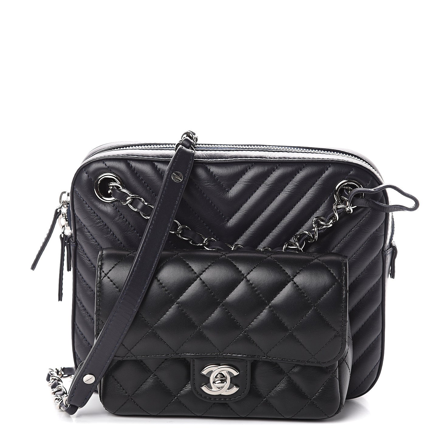 Calfskin Chevron Quilted Double Camera Bag With Flap Black