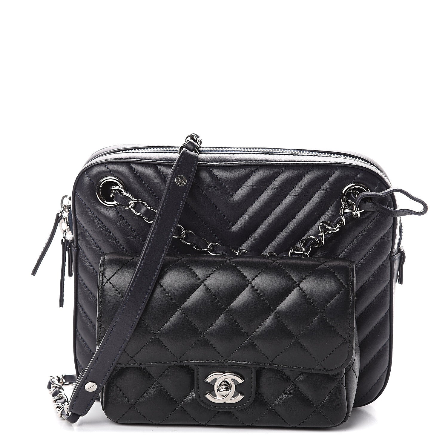 Chanel Calfskin Chevron Quilted Double Camera Bag With Flap Black 1 of 9