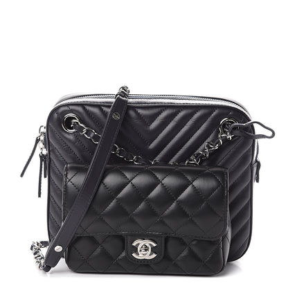 Chanel Calfskin Chevron Quilted Double Camera Bag With Flap Black 1 of 9