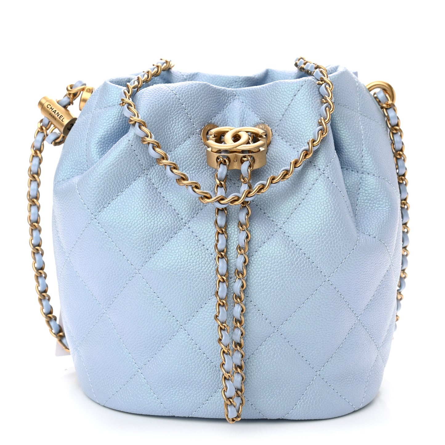 Iridescent Caviar Quilted My Perfect CC Bucket Drawstring Bag Light Blue