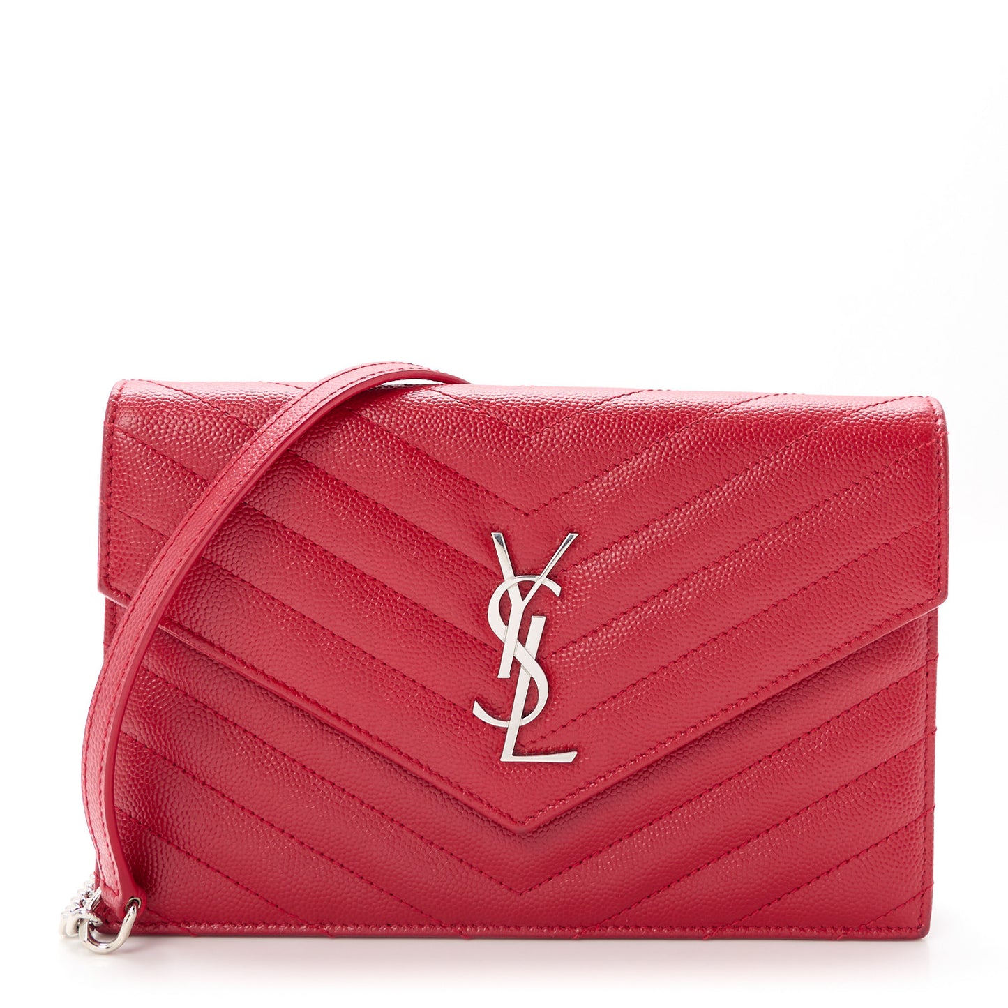 Grain De Poudre Matelasse Chevron Monogram Envelope Chain Wallet New Red