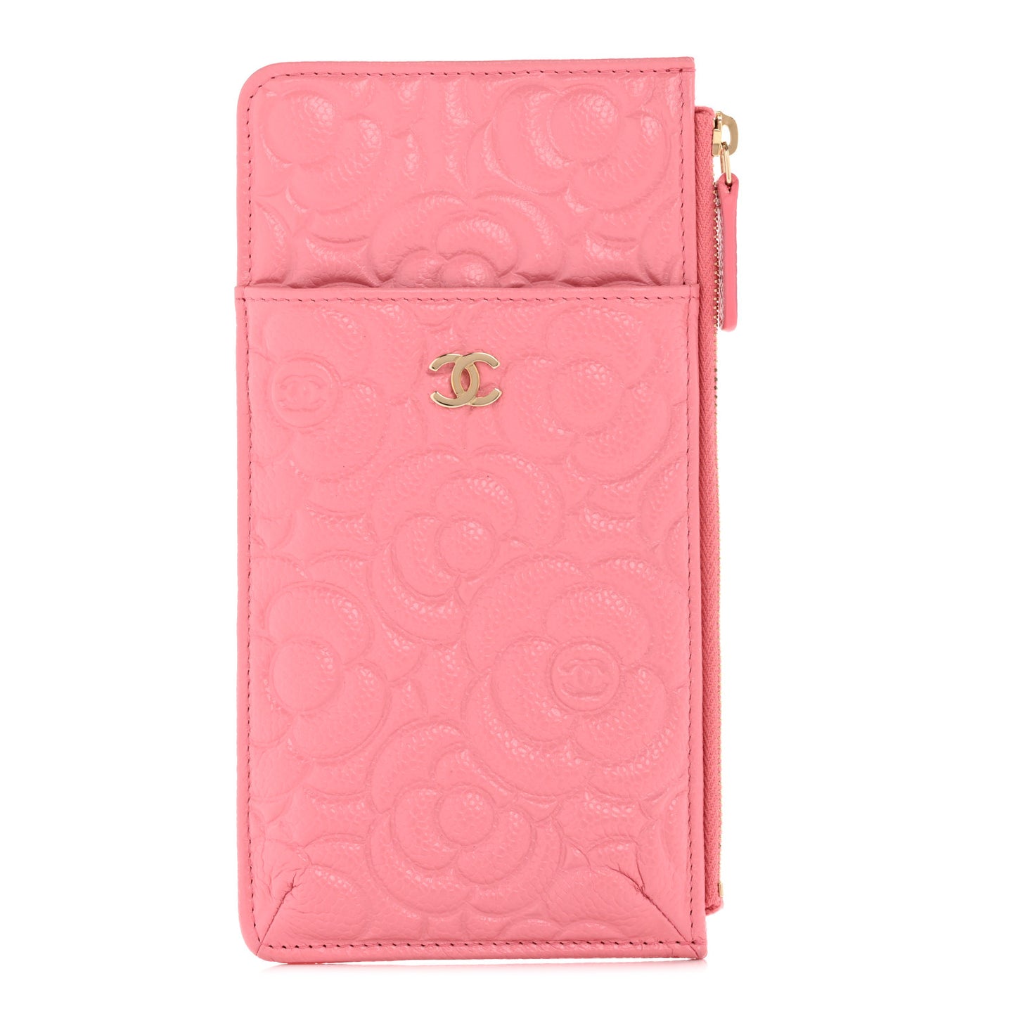 Caviar Camellia Embossed Classic Flat Wallet Pouch Pink