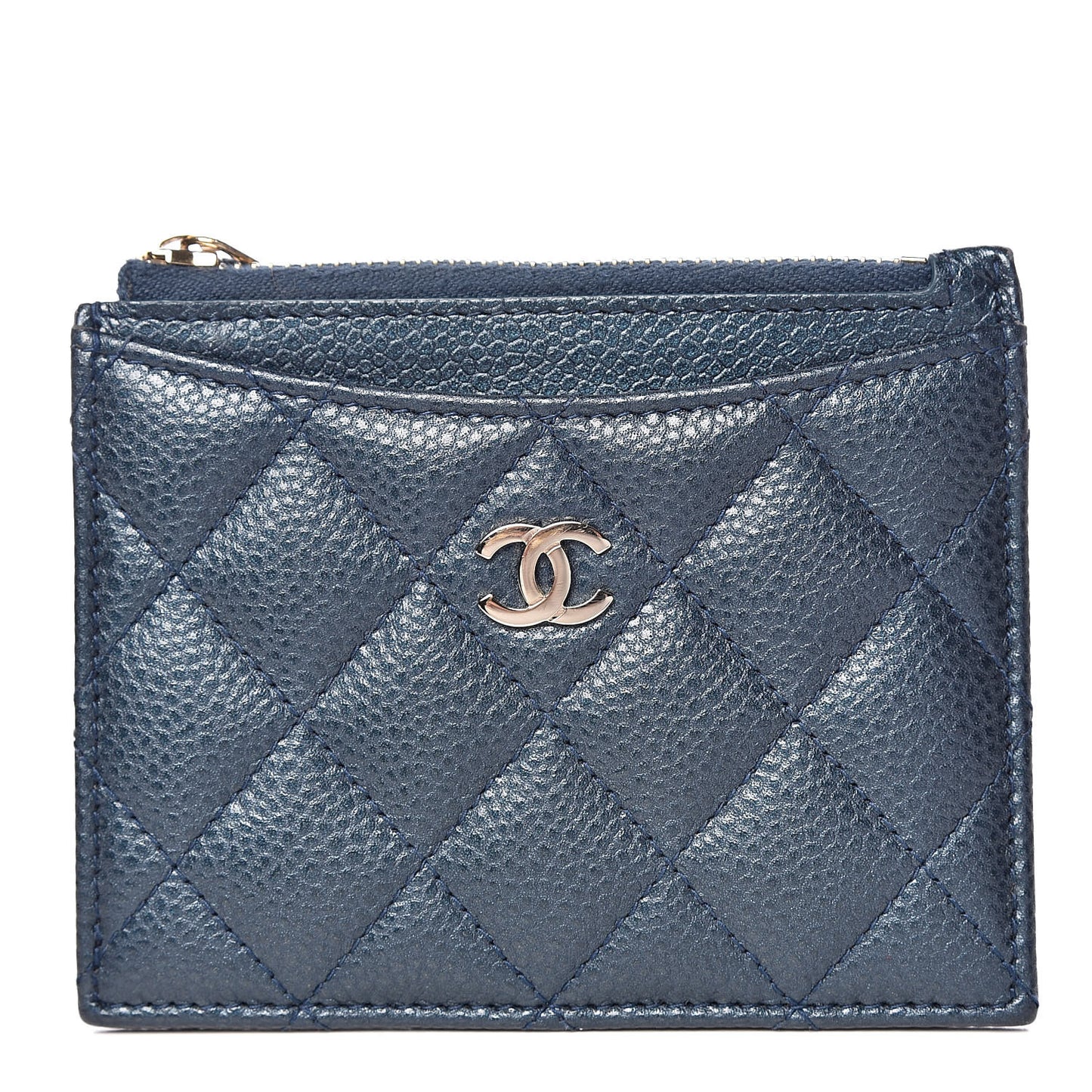 Metallic Caviar Quilted CC Zip Card Holder Dark Blue