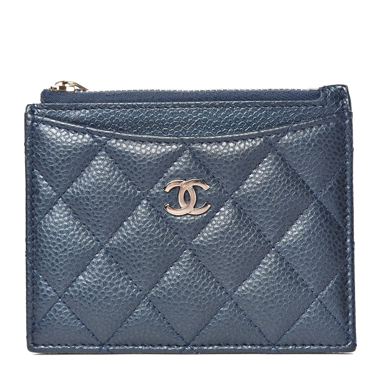 Chanel Metallic Caviar Quilted CC Zip Card Holder Dark Blue 1 of 8