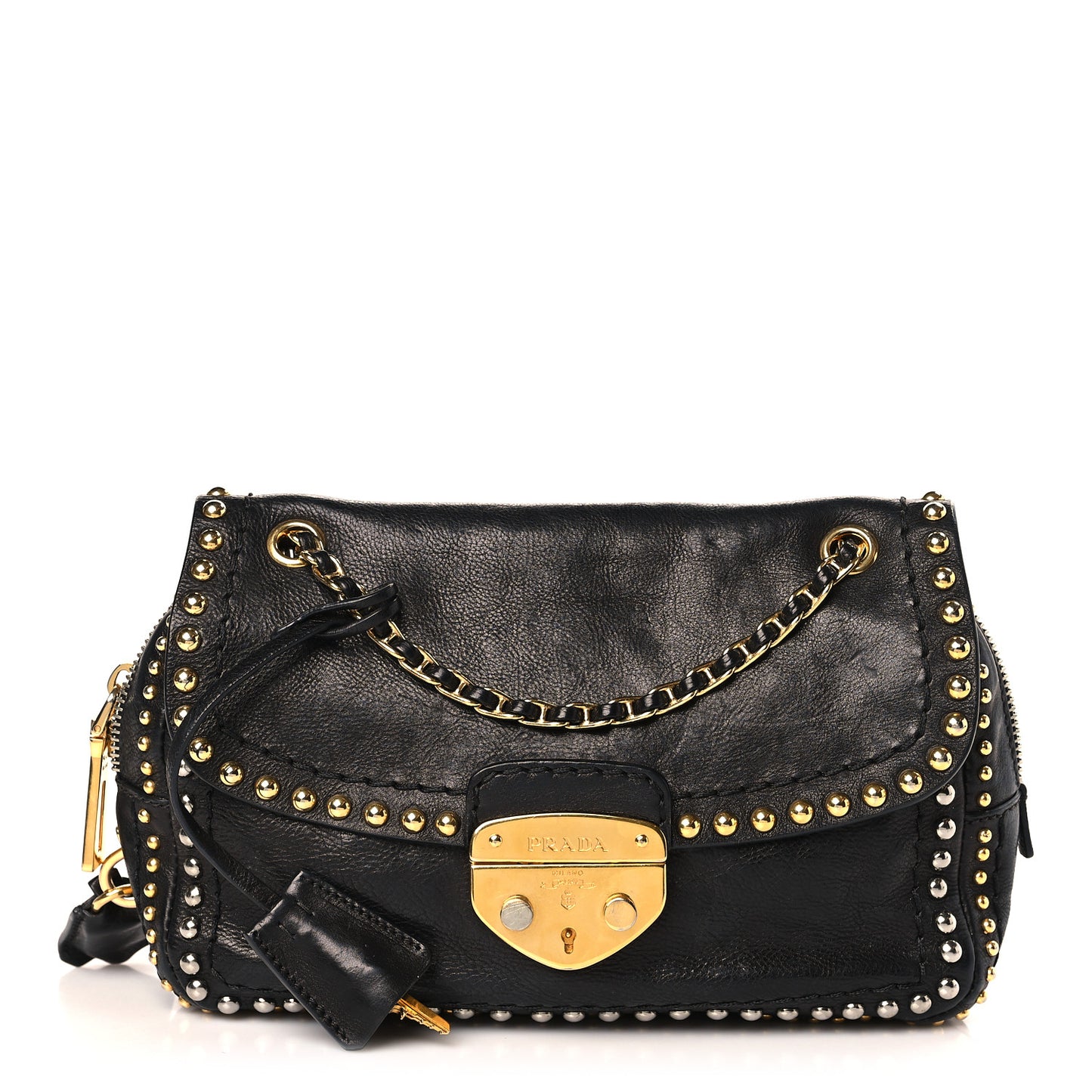 Glace Calf Studded Pushlock Chain Shoulder Bag Black