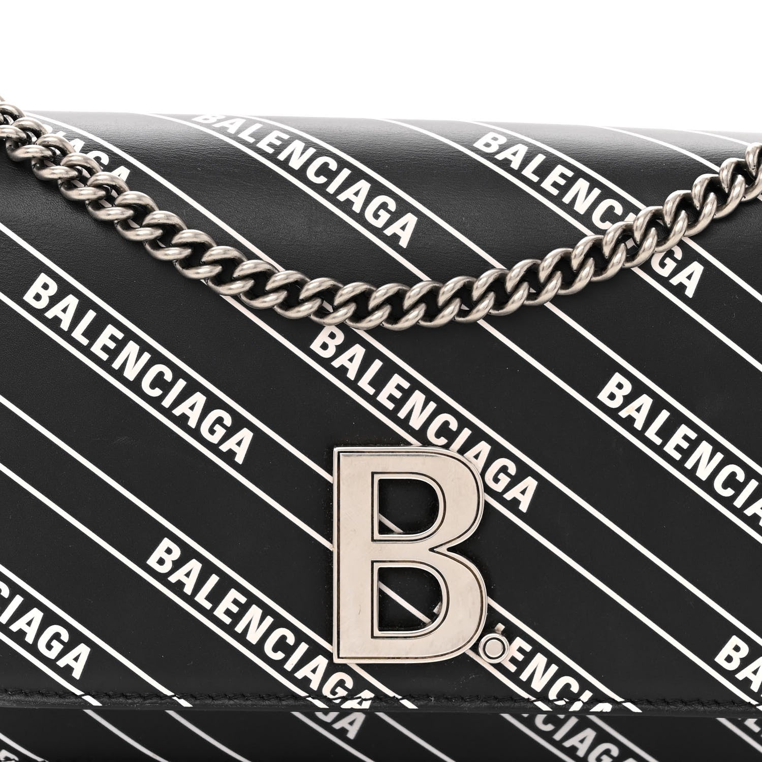 Balenciaga Matte Calfskin Diagonal Allover Logo Print B Wallet on Chain Black White 7 of 9
