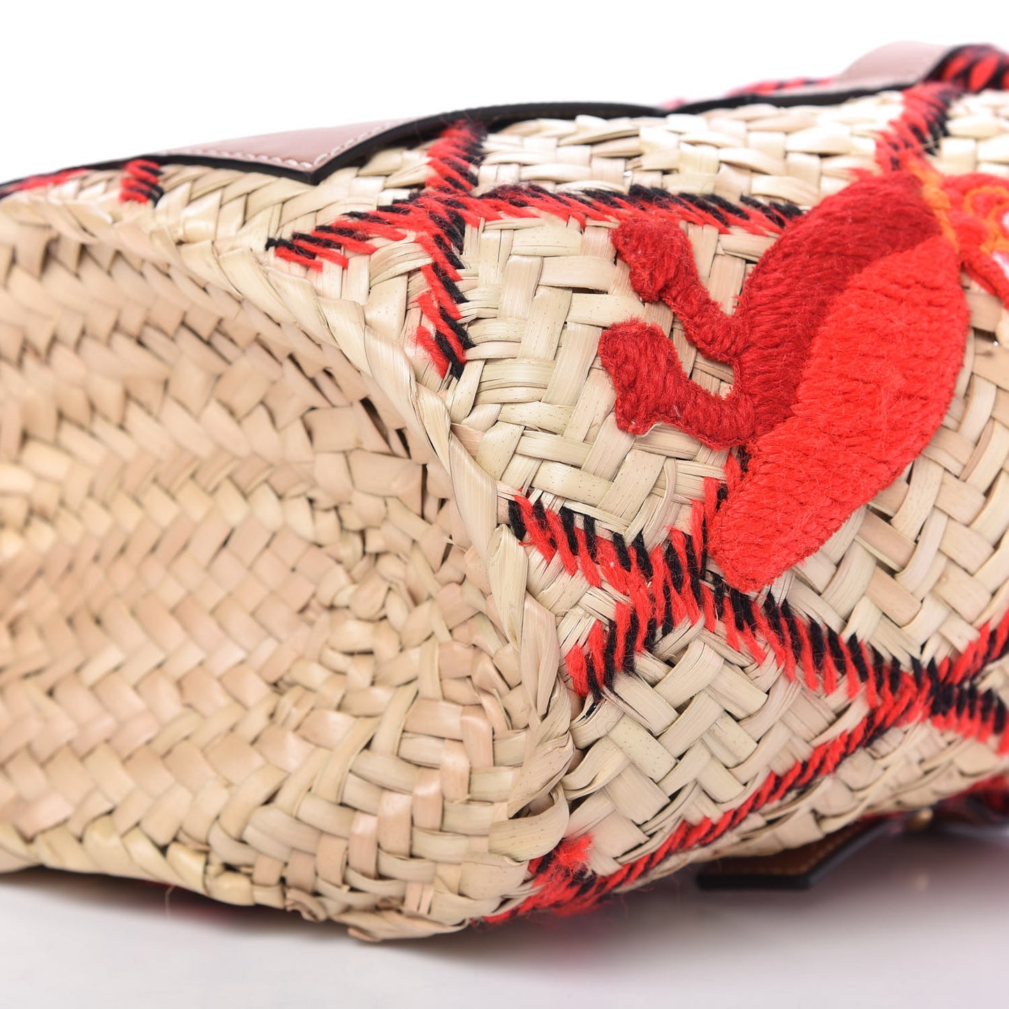 Embroidered Raffia Basket Tote Bag Natural Tan Red