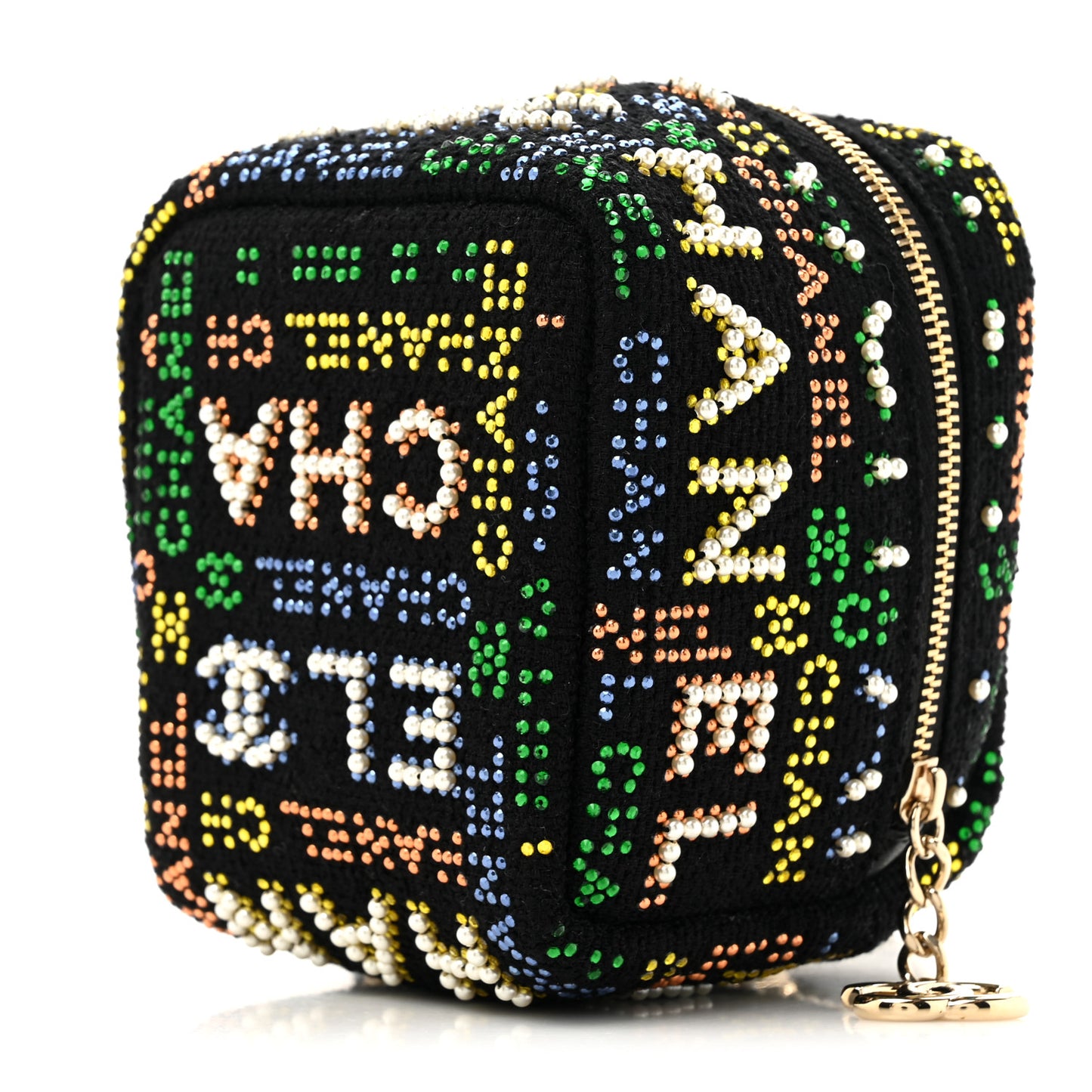 Tweed Pearl Studded Vanity Wrist Case With Chain Black Multicolor